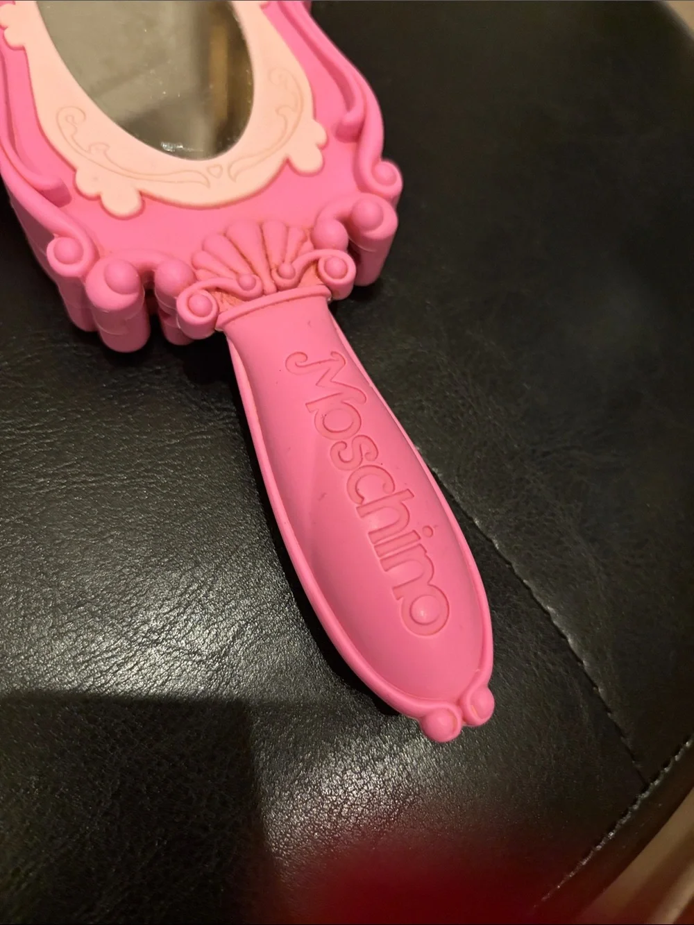 Moschino Barbie-themed pink silicone handheld mirror logo iPhone case